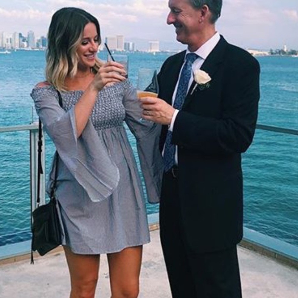 BP off shoulder striped dress